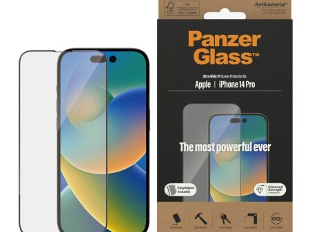 iPhone 14 Pro PanzerGlass AntiBacterial Ultra Wide Fit Skærmbeskyttelse m. EasyAligner - Diamond Strength - Gennemsigtig   Sort For Cheap